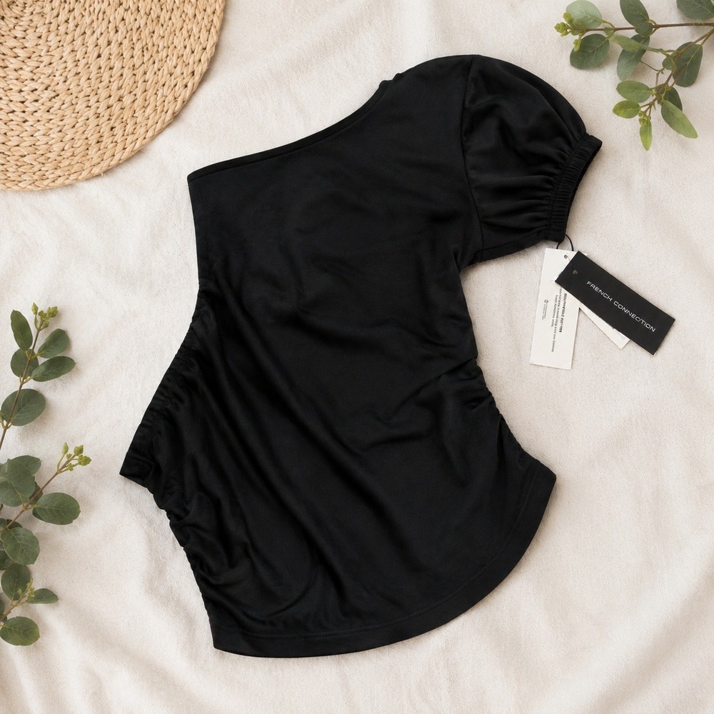 French Connection One Shoulder Puff Sleeve Top Women XXS Black Chic NWT Nightout